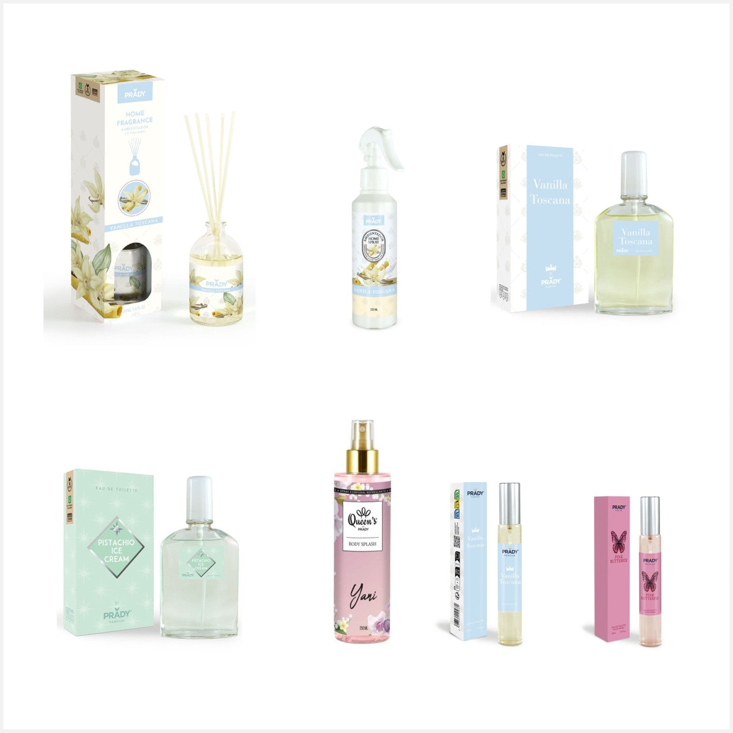 Pack Sorpresa de ambientadores y colonias ,  7 artículos de la marca Prady con aromas aleatorios